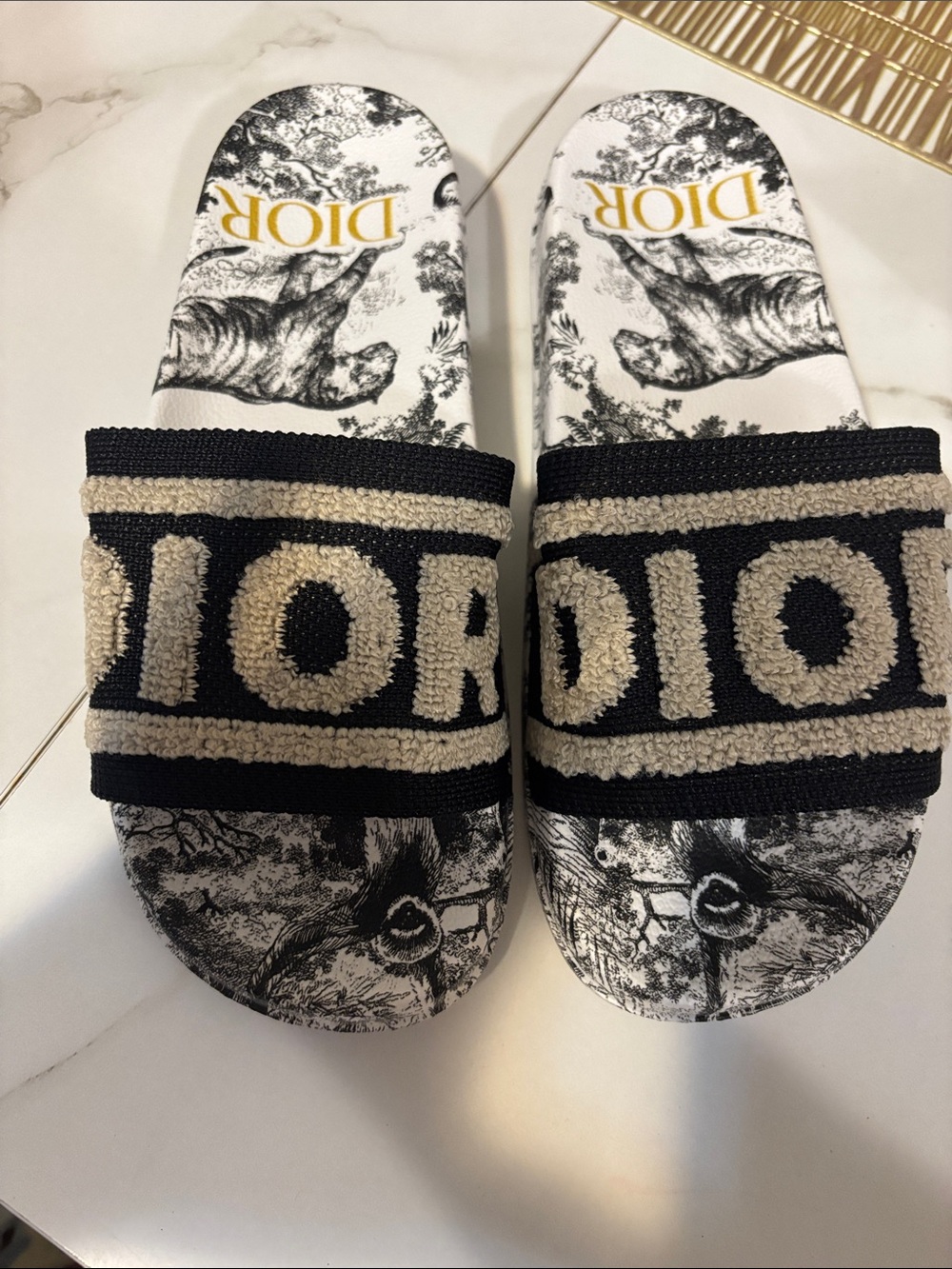 Fashion slides  Black, Cream and Gold Embroidered Logo Slide Sandals - Picture 2 of 6